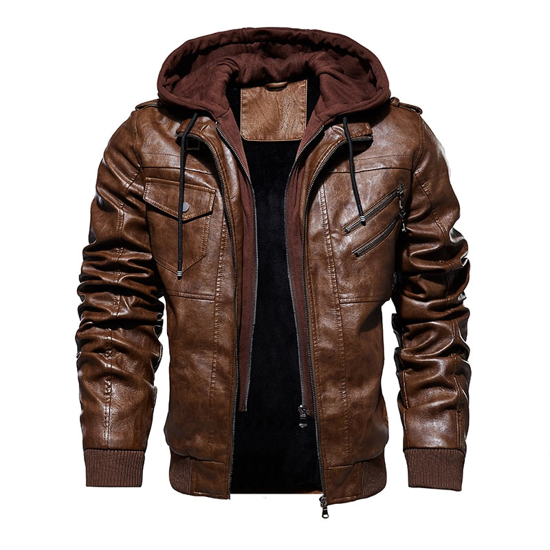 Leather Jacket with Removable Hood
