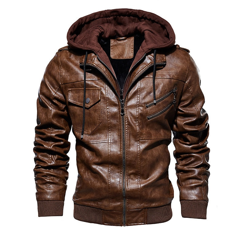 Leather Jacket with Removable Hood