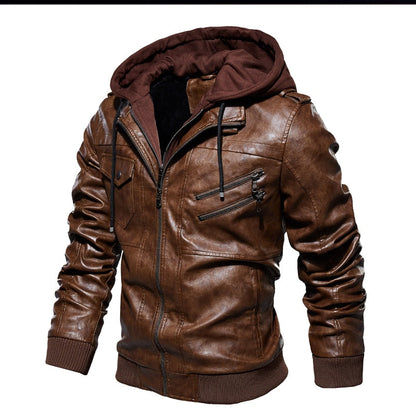 Leather Jacket with Removable Hood